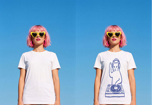 Pink-Haired Woman wearing t-shirt. PSD mockup