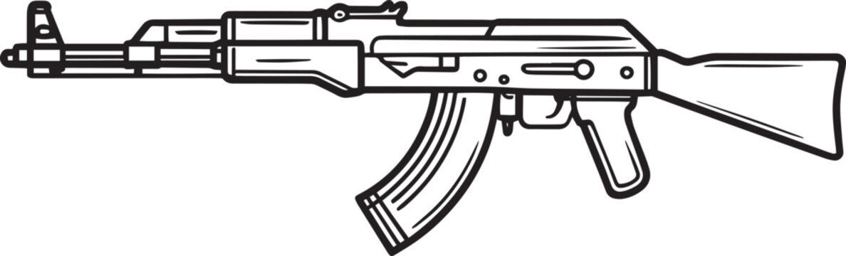 A simple black and white line art illustration of an ak 47 assault rifle on a grey background