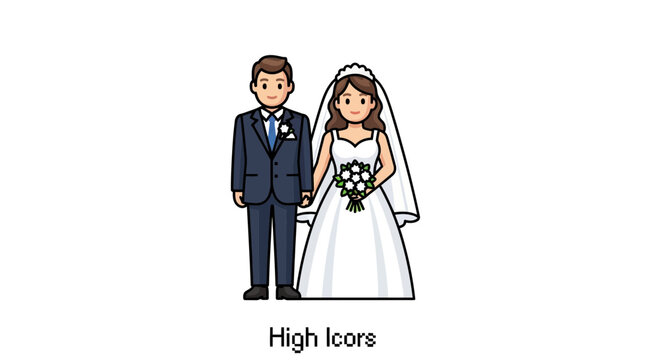 Cartoon illustration of a bride and groom standing together on their wedding day