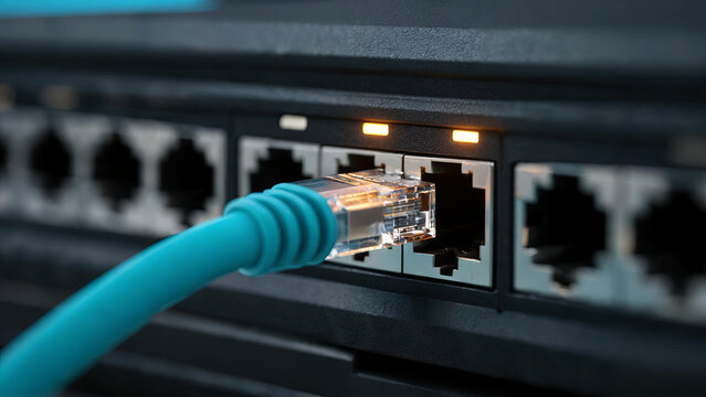 A teal Ethernet cable plugged into an active port of a network switch, with indicator lights lit to show network connection.