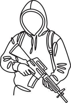 Line art illustration of a hooded figure holding an assault rifle in a neutral setting