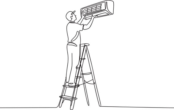 Abstract illustration of a person climbing a ladder against a plain background