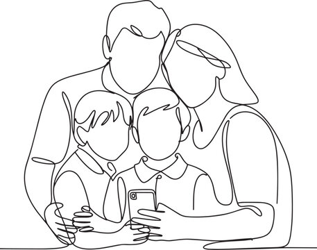 Loving family of four embracing together in a simple line art illustration