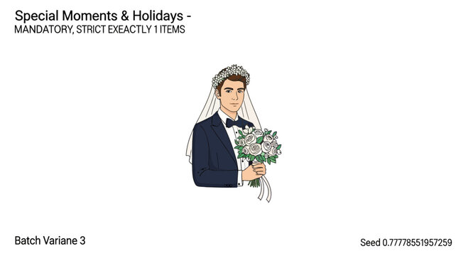 Groom wearing a wedding veil and holding a bouquet of flowers