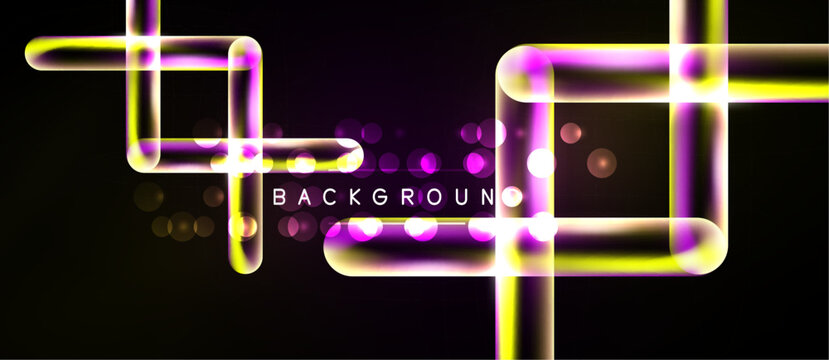 Bright neon lines form abstract squares, rectangles over dark purple background. Glowing dots add visual interest. Modern design element.