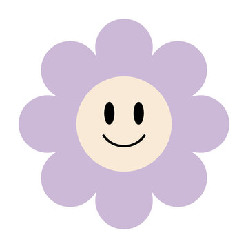 Smiling purple flower with happy face and petals isolated on white background for design