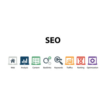 SEO optimization icons and symbols for online marketing strategy and digital analytics tools