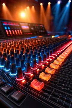 Close-up of an audio mixing console featuring illuminated faders and controls, showcasing professional sound engineering equipment in a dimly lit studio environment.