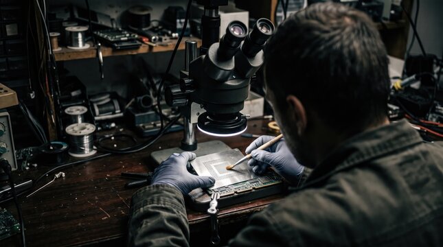 Technician views small parts through microscope