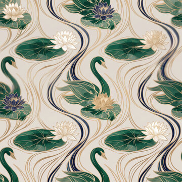 Elegant seamless pattern featuring graceful green swans and blooming lotus flowers on a flowing water background in a sophisticated art nouveau style for luxury interior design decor