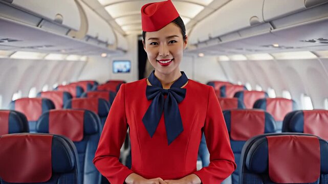 Flight attendant in airplane cabin welcoming passengers travel experience