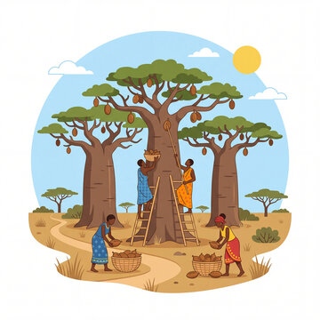 Flat Vector Illustration of Baobab Fruit Harvest in African Savanna