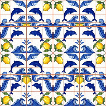 Mediterranean style ceramic tile pattern featuring hand painted blue dolphins and bright yellow lemons with swirling ocean waves on a white crackle glaze background for interior decor
