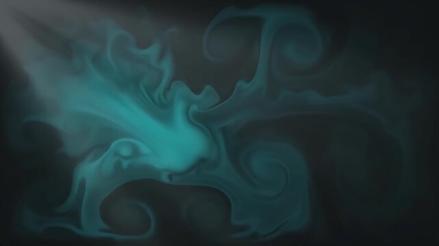 Swirling turquoise smoke patterns drifting through soft cinematic light against dark shadows.