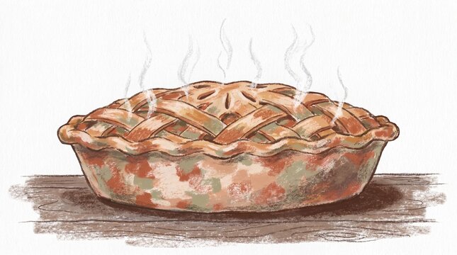 Hand drawn illustration of steaming meat pie on rustic wooden surface