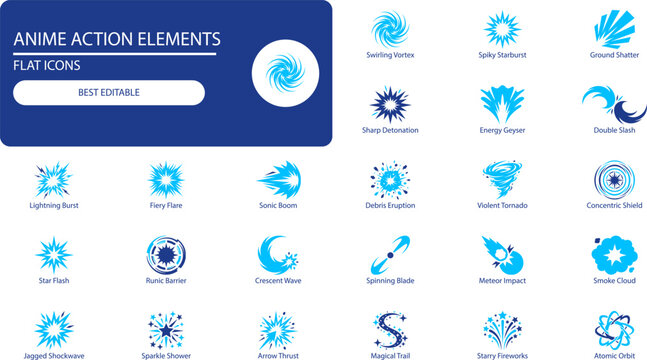 Anime action elements icons set. Silhouette vector symbols of explosions, vortexes, sparks, meteors, and fireworks for game design and comic books.