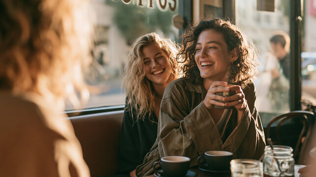 Happy Young Female Friends Laughing and Drinking Coffee Together in Cafe