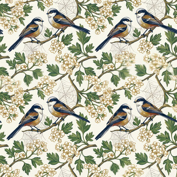 Seamless pattern featuring charming long-tailed tits perched on flowering hawthorn branches with delicate spider webs in a vintage botanical illustration style for elegant textile design