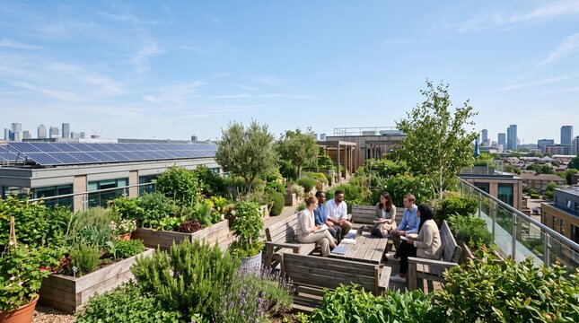 Photorealistic wide shot: rooftop garden with people, plants, city view