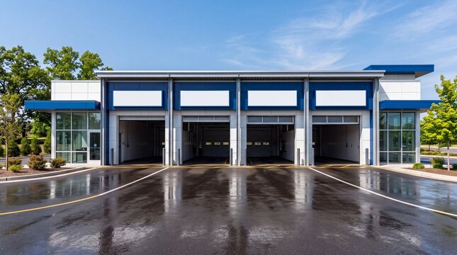 Modern exterior view of a commercial car wash facility with multiple service bays.
