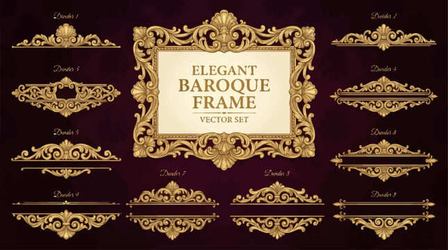 Baroque Style Gold Frame and Divider Vector Set