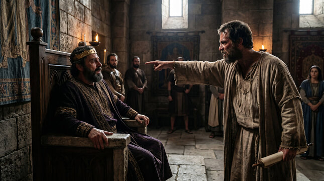 Nathan the prophet pointing a condemning finger at King David, declaring "You are the man!" after the ewe lamb parable