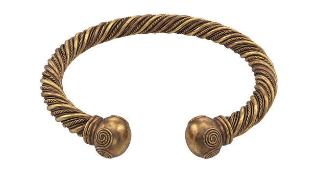 Vintage bronze torque bracelet, antique twisted metal bangle jewelry, celtic style brass arm ring with spiral terminals isolated PNG with Transparent Background