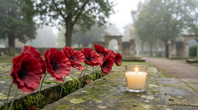 Remembrance Day memorial with red poppy flowers and a lit candle on a stone wall in a peaceful foggy cemetery park