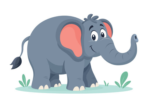 Cute Cartoon Elephant Character Standing on Grass