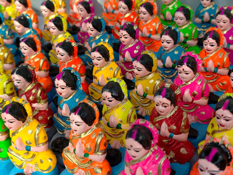 Close up Idol of Hartalika Devi in Pune, Hindu festival where women worship Lord Shiva and Goddess, Maharashtra, India, Asia