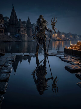 Lord Shiva statue reflection at Ganga river bank at dusk