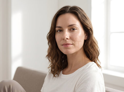 Confident model showcasing authentic acne scars and healthy natural skin without heavy retouching.