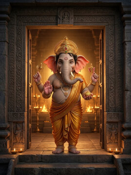 Lord Ganesha Standing in Temple Entrance with Offerings