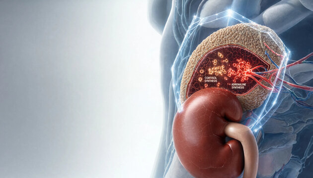 Adrenal gland anatomy with cortisol and adrenaline synthesis highlighted in human body medical illustration