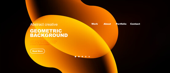 Fototapeta na wymiar Abstract orange design. Website header with text, navigation, button. Dark background creates visual contrast. Modern aesthetic.