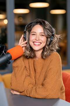 A woman wearing headphones speaks into a microphone while recording a podcast episode in a modern studio setting, focusing on audio content creation and broadcasting.