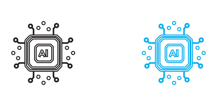 Set of computer microchip processor icons with central AI text in black and blue line art style AI icon artificial intel