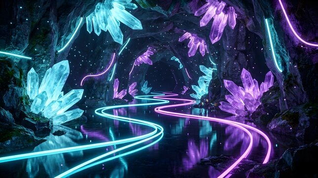 Glowing blue and purple crystals inside a dark cavern with neon light trails