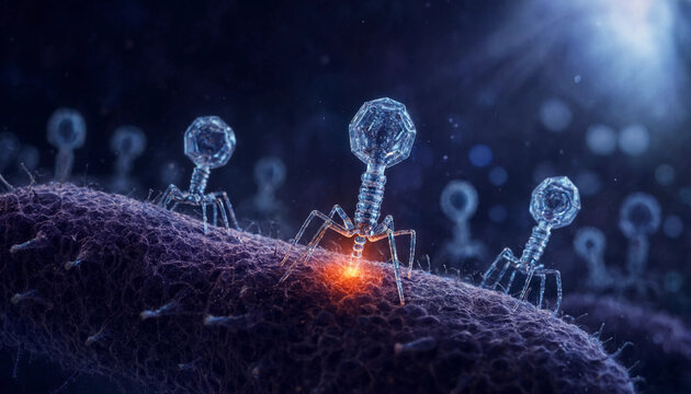 Bacteriophage viruses attacking bacteria cell with glowing infection point under microscopic view