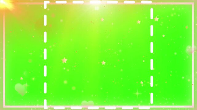 Chroma key green screen background featuring a white dashed rectangular frame border accompanied by subtle glowing stars and floating heart shapes.