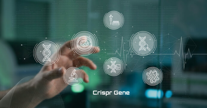 Hand interacting with futuristic digital interface displaying symbols for CRISPR gene editing technology in advanced biotech research