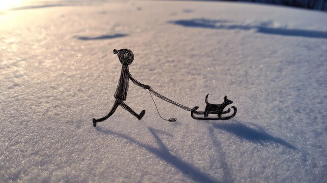 Paper Cutout Man Pulling Sled on Snow.