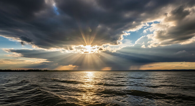 Scenic lake sunset with dramatic cloud formations and sun rays breaking through after storm