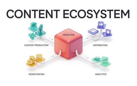 3D isometric ecosystem diagram illustrating media hub with production, distribution, monetization, and analytics workflow icons