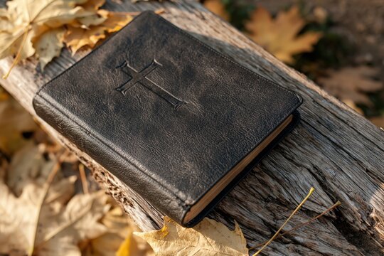The Bible Resting on a Weathered Log in Autumn Light
