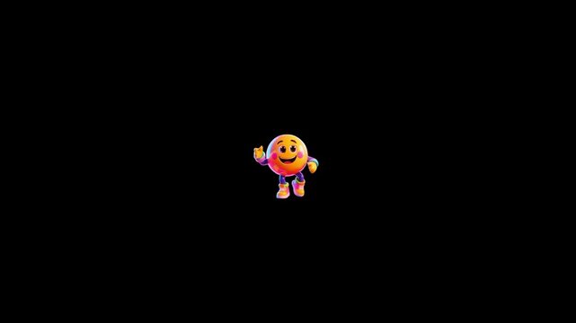 Three identical orange spherical cartoon characters standing and waving against a solid black background with characters limbs shoes background while they wave hands friendly personified animation