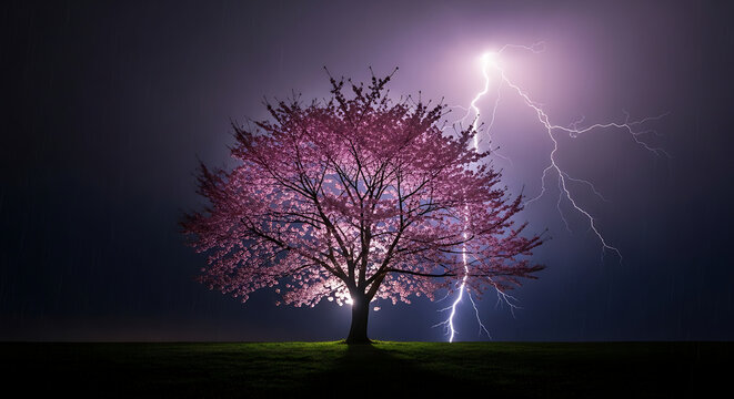 dramatic cherry blossom tree lightning storm night sky