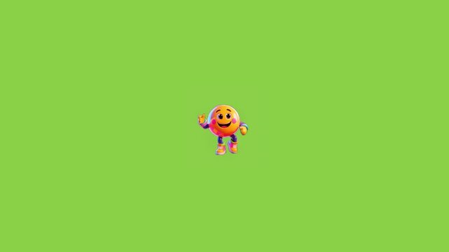 Animated orange ball character waving and dancing on a vibrant plain green background screen with spherical cartoon character background while performing performing cheerful dance arms legs moving