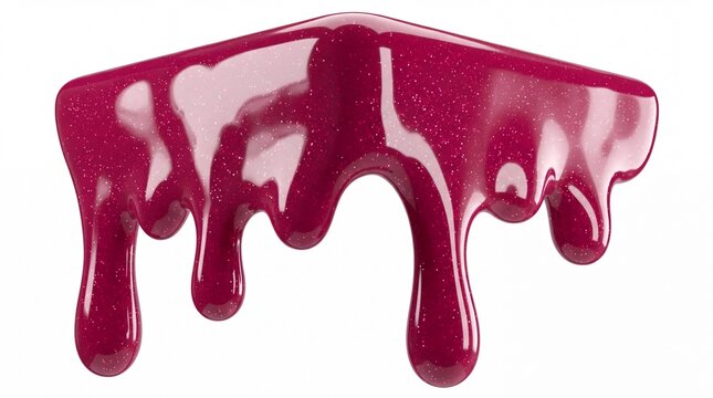 Shiny magenta liquid nail polish dripping down isolated on white background