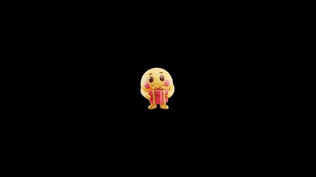 Three identical cute yellow cartoon characters holding small red gift boxes on black background with characters standing row boxes against solid celebration minimalist generosity animation happy